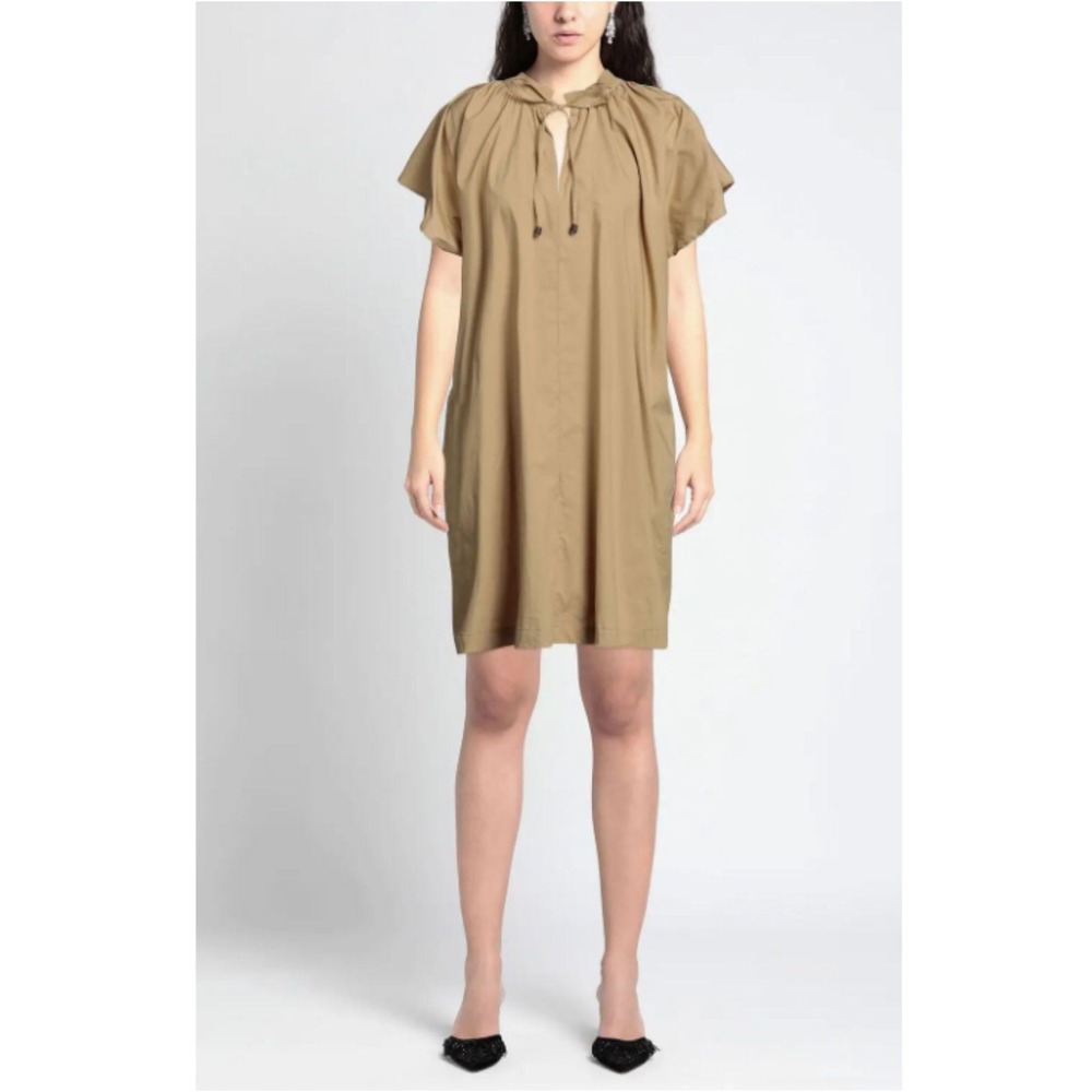 Momoni Cotton Tunic Dress Women 40 Khaki Tan Short Sleeve Tie Neck Shift Mini